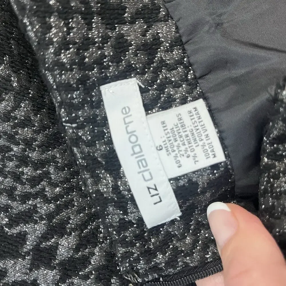 Liz Claiborne Skirt sz 6 Black Silver Sparkle Plaid Wool Pencil Knee Suit Career - Picture 8 of 8